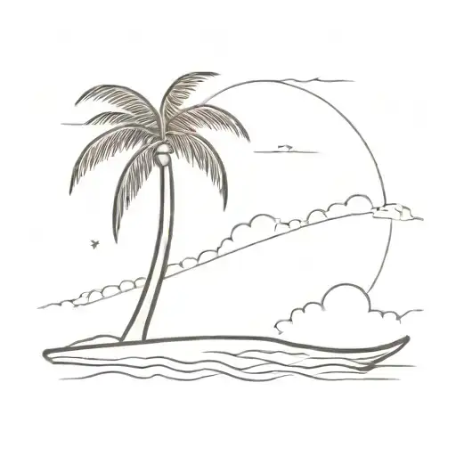 Palm Tree Coming Out Of Sand With A Cloud Above It On The Back Of A Surfboard