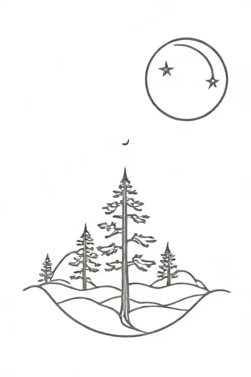 Pine Tree With A Crescent Moon Above