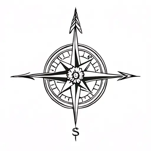 Compass Rose With A Flower In The Center And Two Arrow Chevron Above
