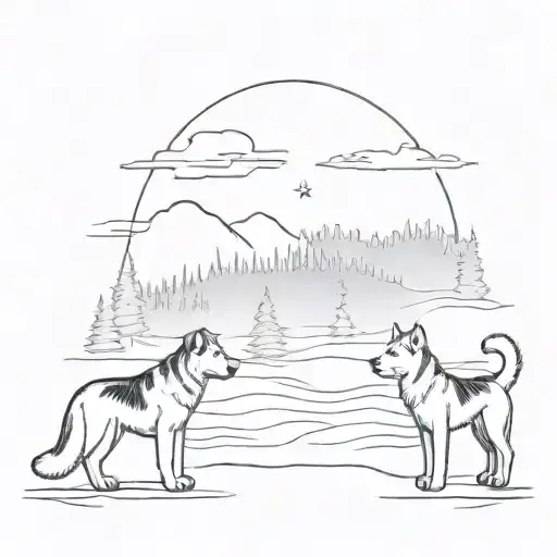 Lapland Landscape With Northernlights And Beagle Dog And Alaskanmalamute Dog