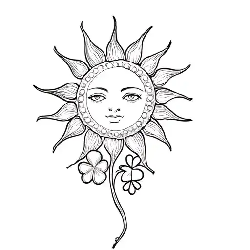 A Drawing Of A Sun With A Clover And Pearls