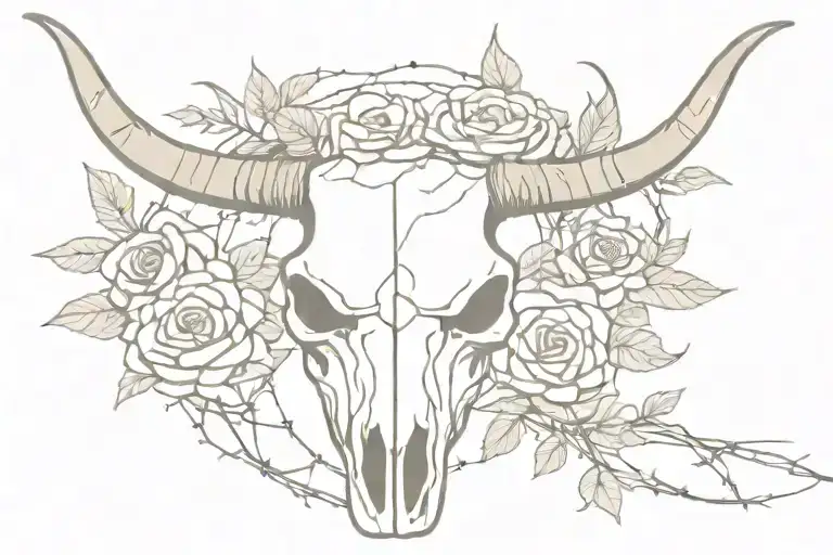 Longhorn Skull With Barbed Wire And Flowers Intertwined