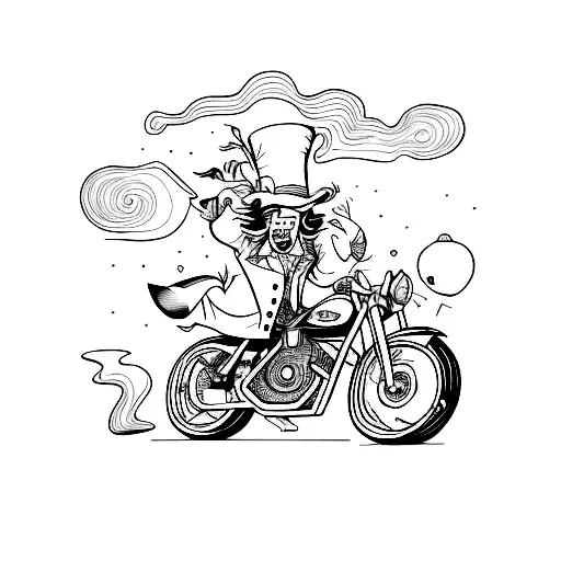 Mad Hatter Riding A Motorcycle Through A Psychedelic Landscape