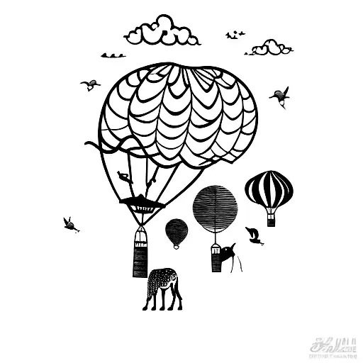 A Beautiful Painting Of An African Safari Scene With Animals And A Hot Air Balloon In The Background