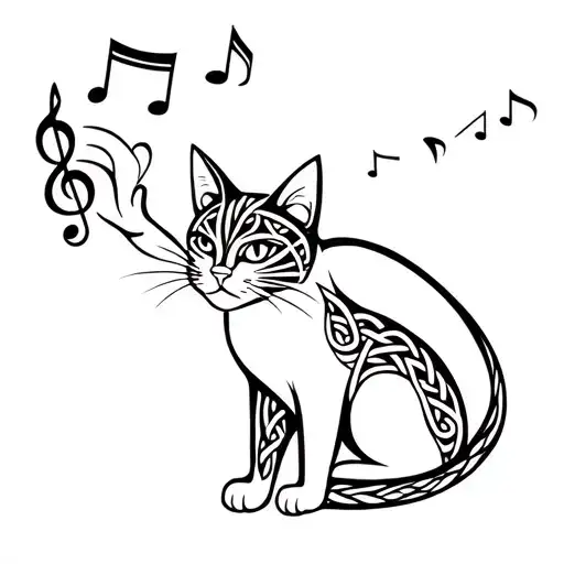 Nordic Knotwork Cat Pawing At A Musical Note In The Air With Music Notes In Background