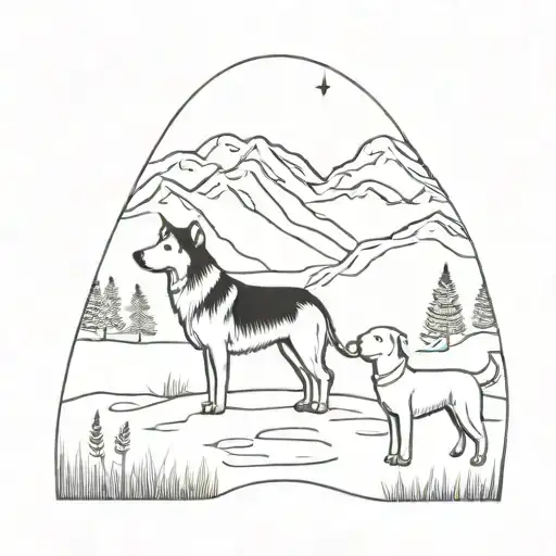 Lapland Landscape With Northernlights And Beagle Dog And Alaskanmalamute Dog