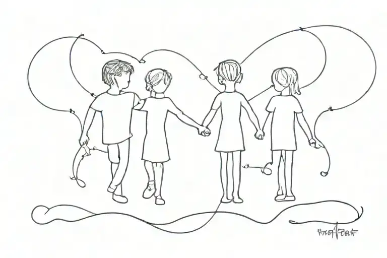 Heartbeat Line With Silouete Of Three Kids