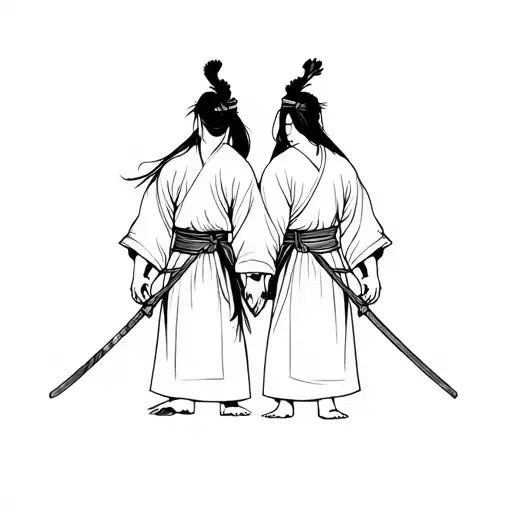 Two Samurai Man And Woman Stand Their Back To Each Other