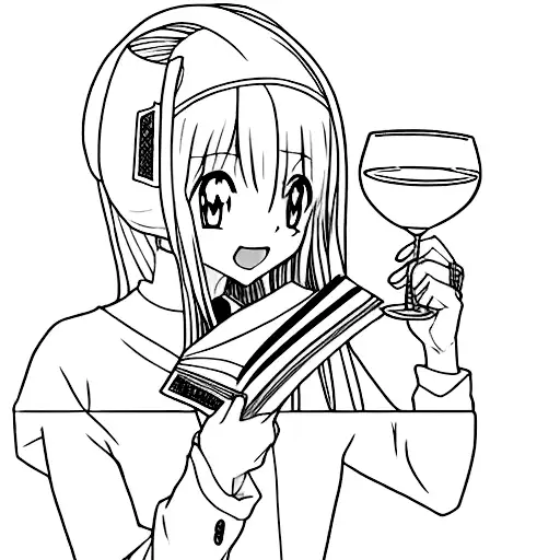 An Anime Character Reading A Book With A Glass Of Wine Beside Them