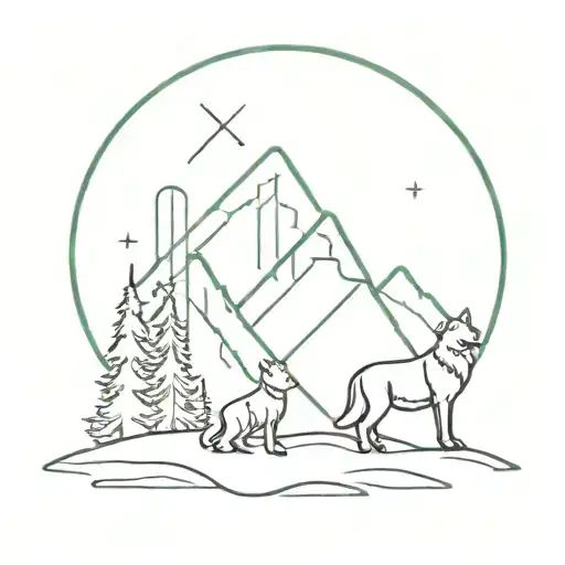 Mountain And Forest Landscape With Northern Lights And Two Dogs