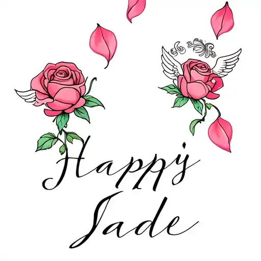 Rose Petals With A Happy Cherub On Them And Jade's Name Written On Them