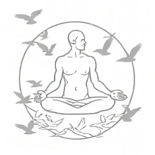 Meditating Man In A Circle Of Birds Flying