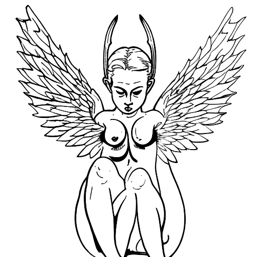 Beautiful Nude Woman Cupid Devil Wings Pulling Back Arrow Ready To Release