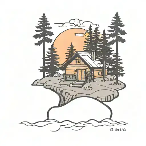 Tiny Cabin Nestled On Island With Pine Trees Colors Sunset
