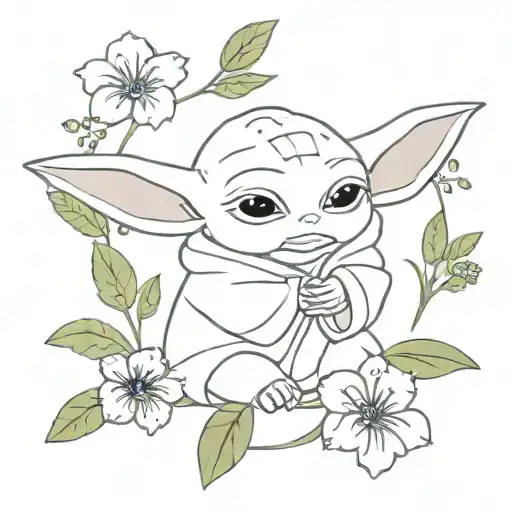 A Minimalist Design Of A Baby Yoda Surrounded By Lavender And Hibiscus Flowers