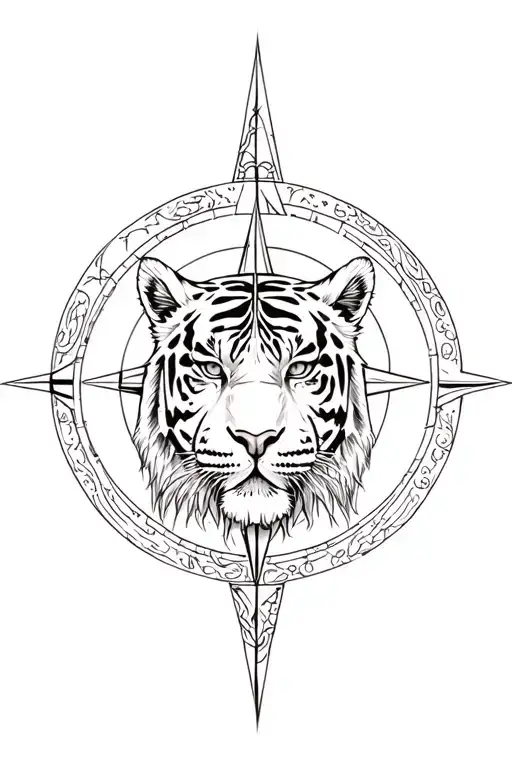 Tiger With Vegvisir Viking Compass And In The Background Yggdrasil