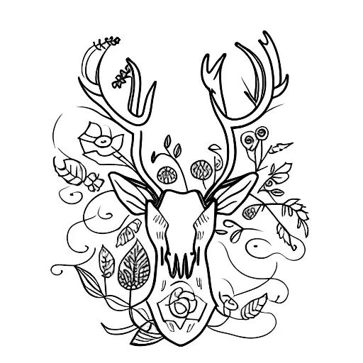 Overgrown Stag Skull With Flowers And Vines Wrapping Around The Horns