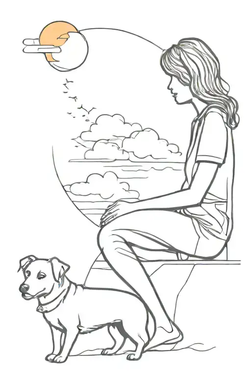 Dog And Woman Watching Sunset