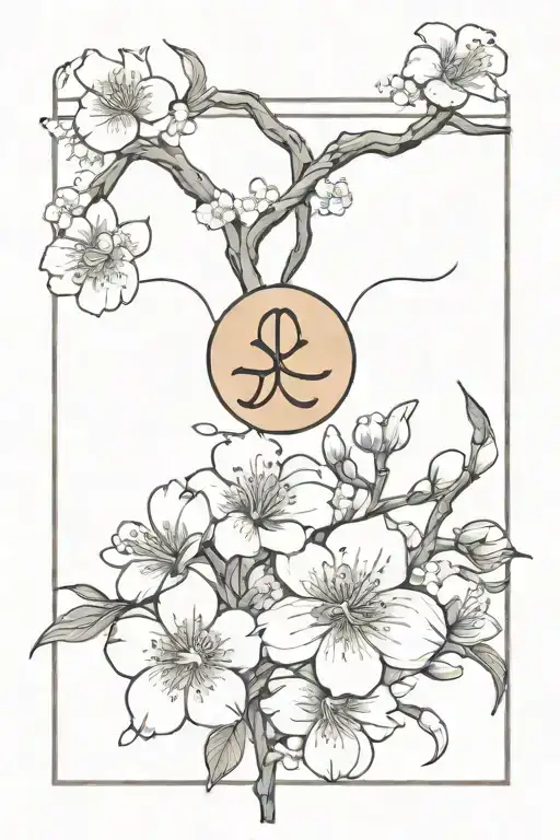 A Minimalist Tattoo Design Of The Libra And Scorpio Signs Intertwined With A Cherry Blossom
