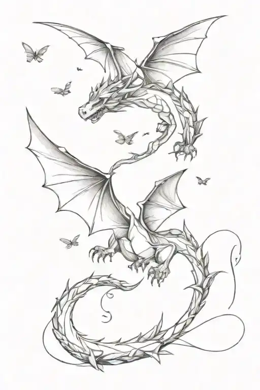 A Realistic And Friendly Dragon Flying Upwards And Around Towards 5 Butterflies