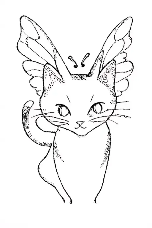 Cute Cat Silhouette With Wings Resembling A Butterfly In Dotwork Style