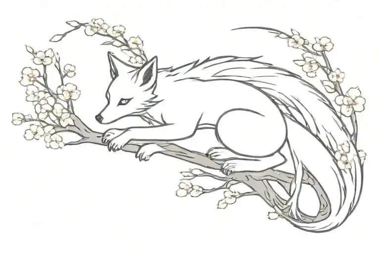 Nine Tailed Fox With Cherry Blossom Tree
