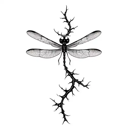 Dragonfly And Thorny Vines Intertwining