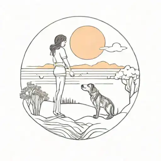 Dog And Woman Watching Sunset Skyline