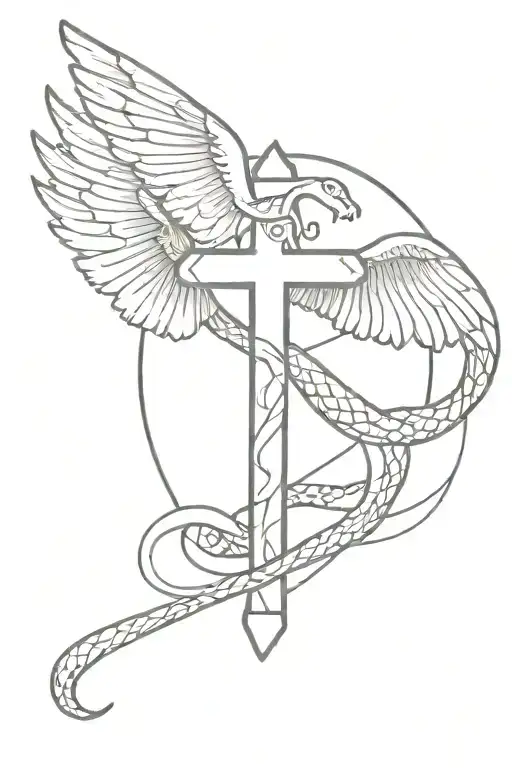A Cross With A Snake Coiled Around It With Wings Above The Cross And A Crown Between The Wings