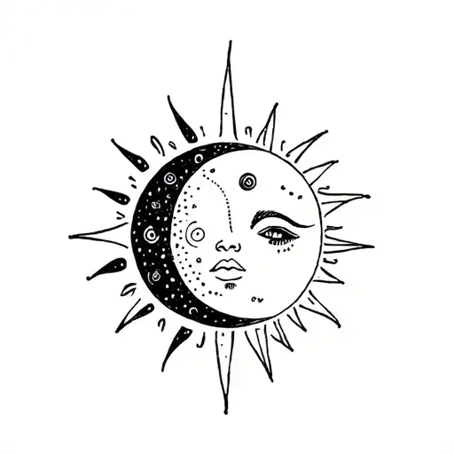 Sketch Of Tattoos Of The Moon And Sun With Patterns