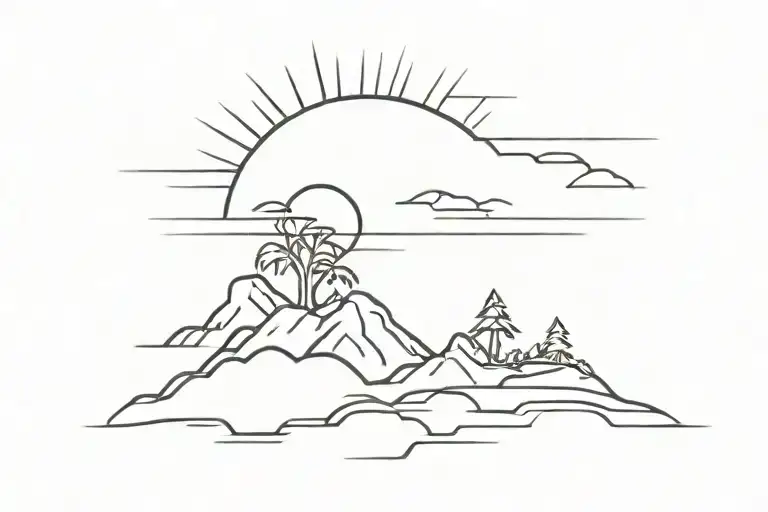 16 Ray Sun Rising Over Deserted Island Outline