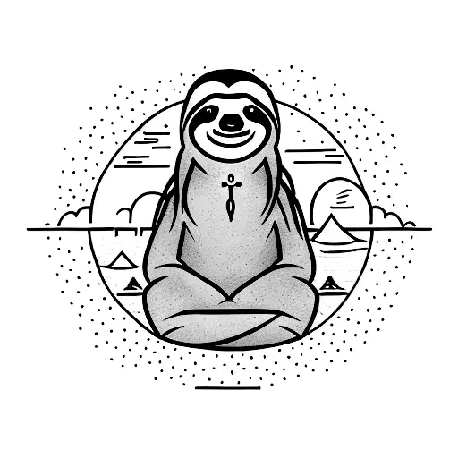 A Sloth Meditating On A Rock In The Middle Of A Serene Mountain Lake With Ankh