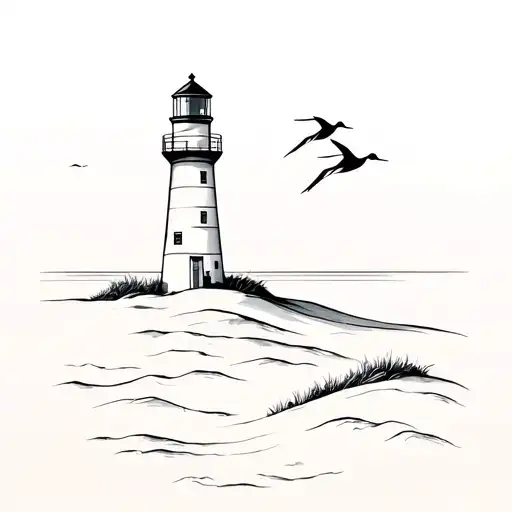 Minimalistic Lighthouse With Dunes And Two Cranes