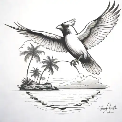 Flying Cardinal To The Ocean And Palm Tree With Clouds