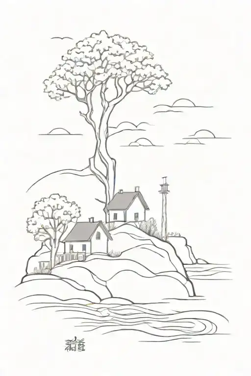 River With A Tree And House On Rock
