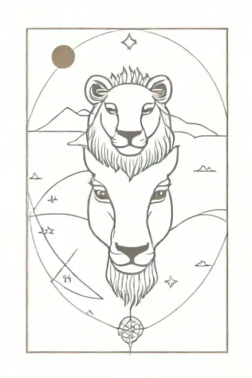 Minimalist Lamb Head With A Moon And Lion Head With A Sun