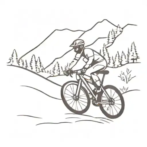 A Minimalist Tattoo Of A Mountain Biker Riding Through A Scenic Nature Trail