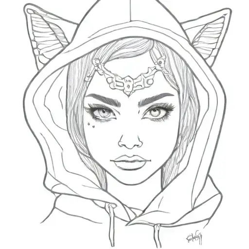 Pretty Girls Face With Big Eyes And Eyelashes And A Hood Of A Bobcat Head