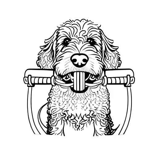 Bernedoodle Dog Holding A Weight Dumbbell In His Mouth