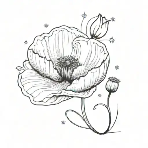 Poppy Flower With Stars Sun And Moon Surrounded