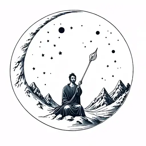 A Man With A Staff Sitting On A Crescent Moon Against A Backdrop Of Snowy Mountains And A Starry Sk