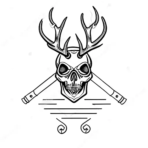 A Skull With Antlers Surrounded By Fishing Hooks And Hunting Arrows