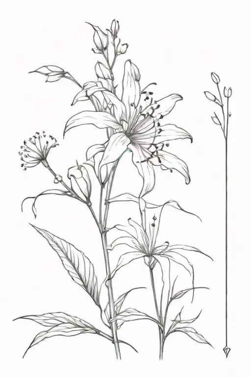 Elderflower Branch And Spider Lily Enwinted Together Fine Line