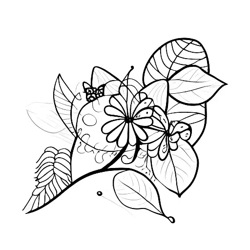 Line With Flowers And Leaves Coming Out With 3 Butterflies Above