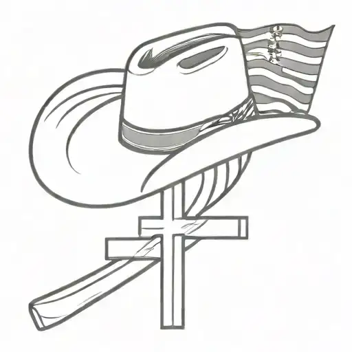 Cowboy Hat Sitting At The Top Of A Cross And American Flag Intertwined