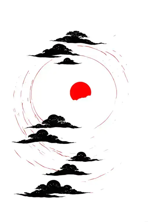 Japanese Cluods And Sun Black And Red