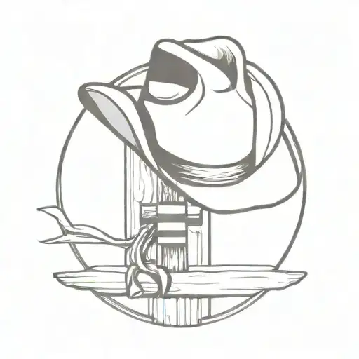 Cowboy Hat Sitting At The Top Of A Wooden Cross And American Flag Intertwined