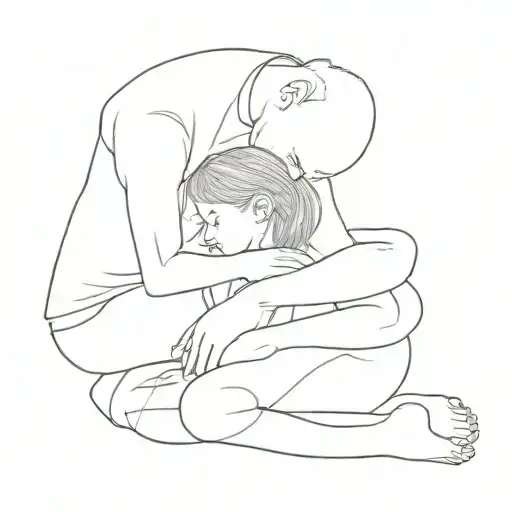 Father Kneeling Embraces Young Daughter