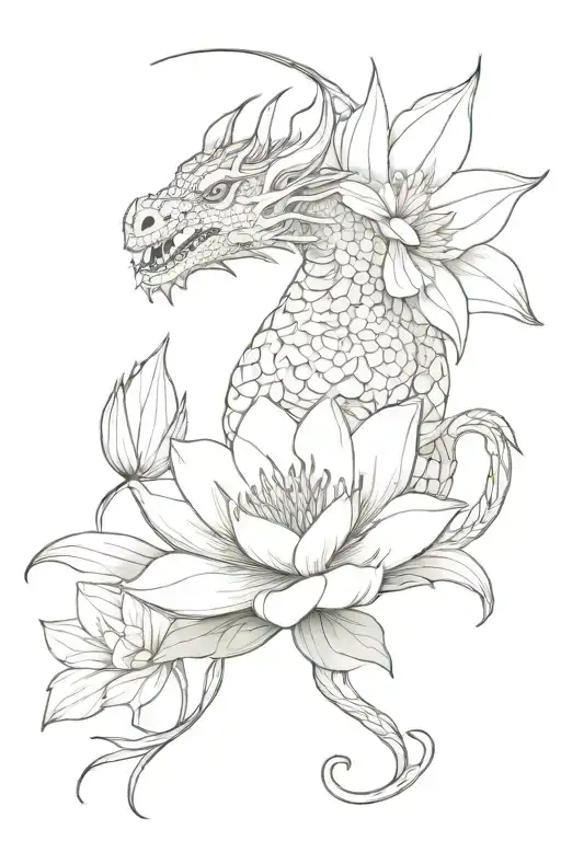 Dragon With Water Lily And Larkspur Flower