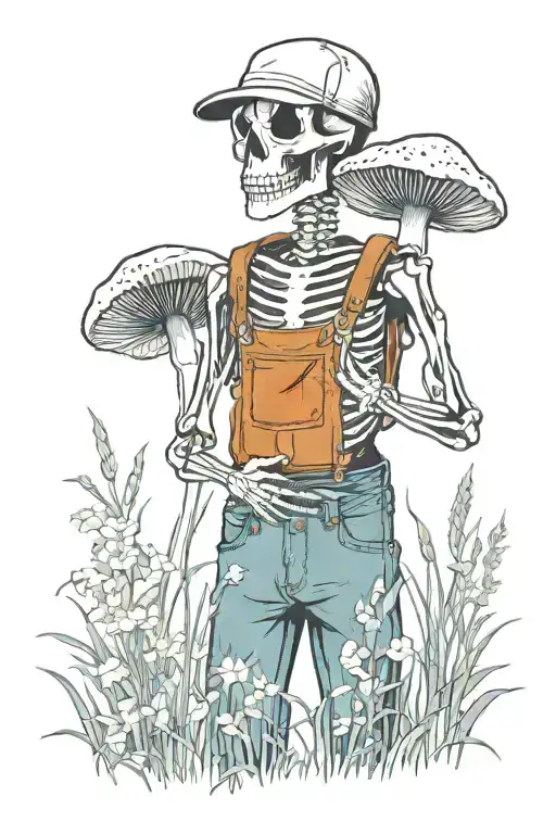 Skeleton Wearing Cuffed Jean Bib Overalls Standing In Grass With Wild Flowers And Mushrooms